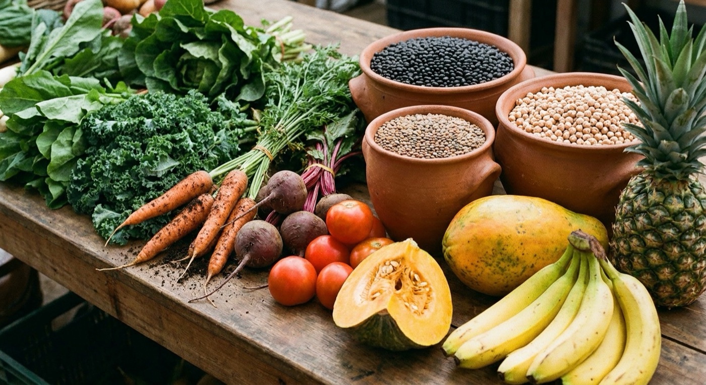 Folhas, raízes, leguminosas e frutas da feira sobre a mesa de madeira