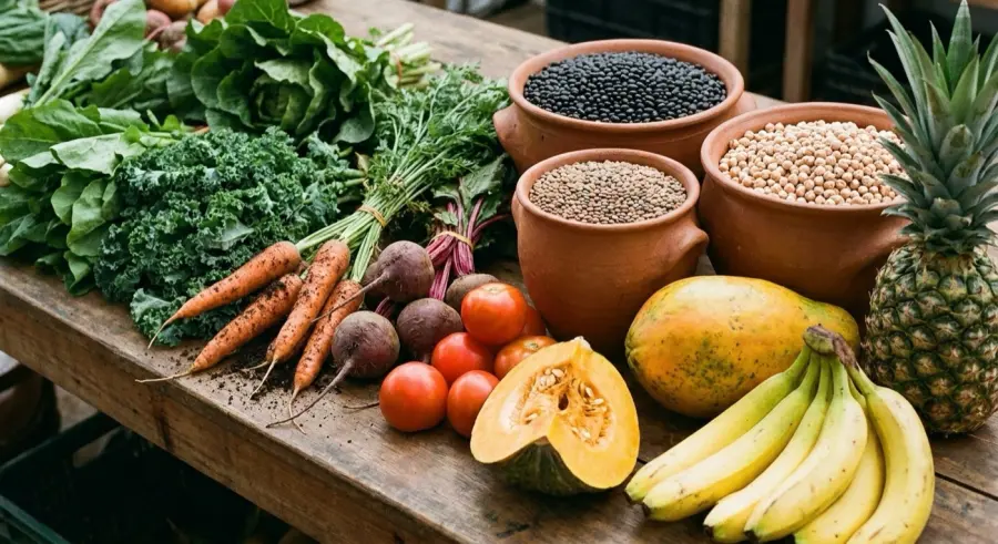 Folhas, raízes, leguminosas e frutas da feira sobre a mesa de madeira