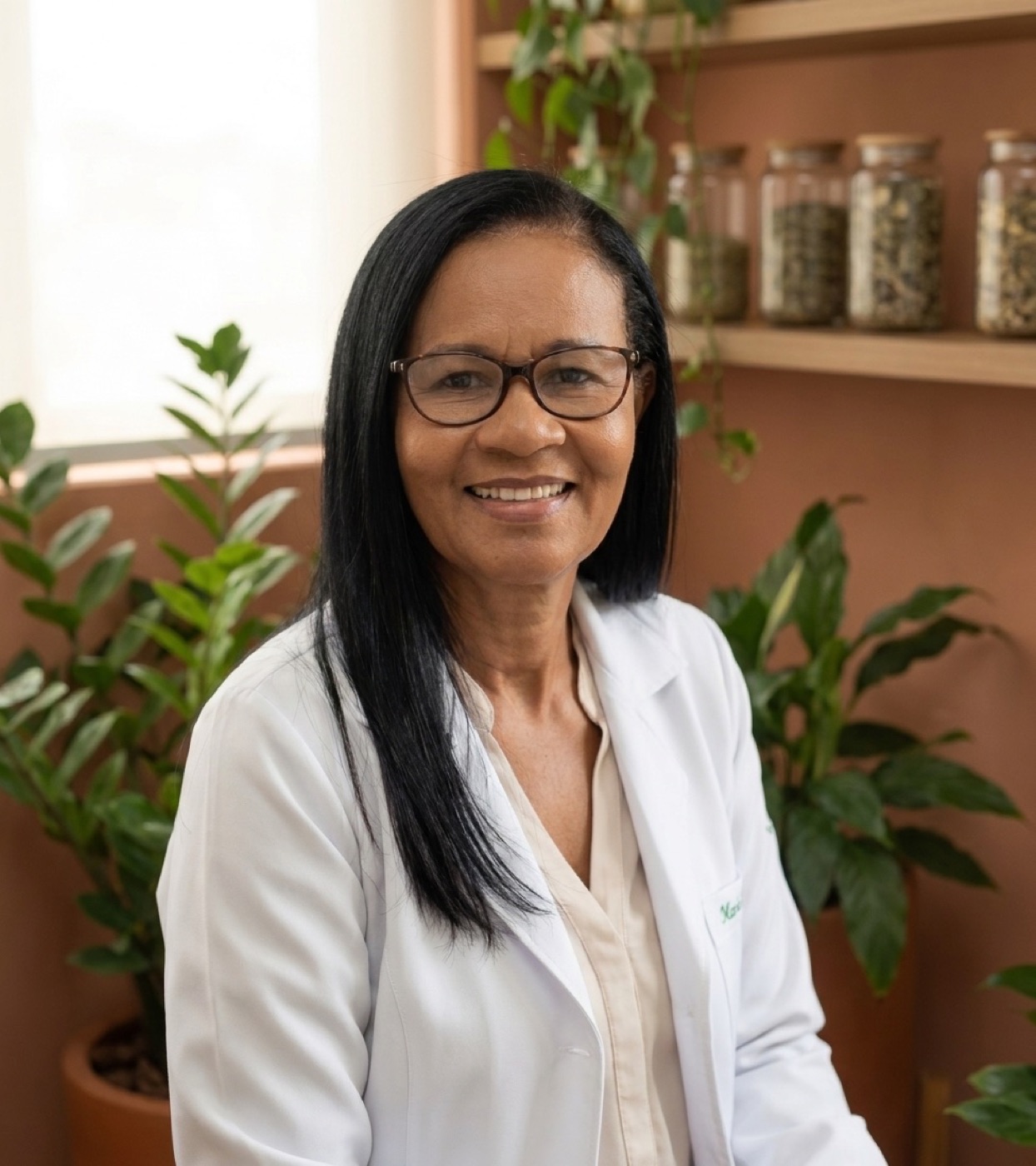 Retrato de Maria Felício, naturopata, sorrindo em meio a plantas e ervas