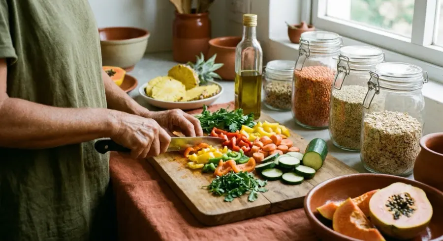 Preparo de legumes coloridos e grãos na cozinha