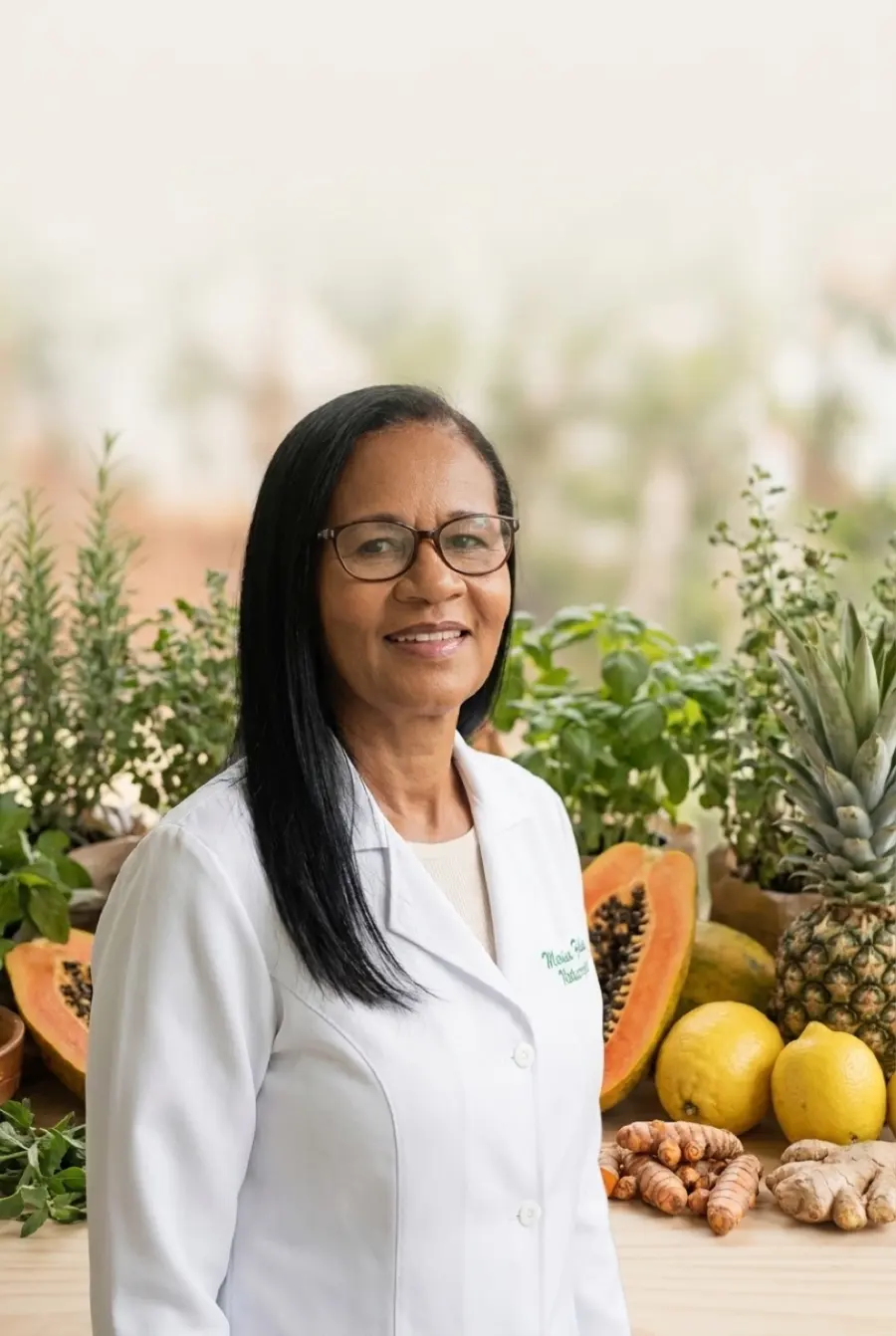 Maria Felício, naturopata, em pé entre ervas, plantas e frutas da natureza