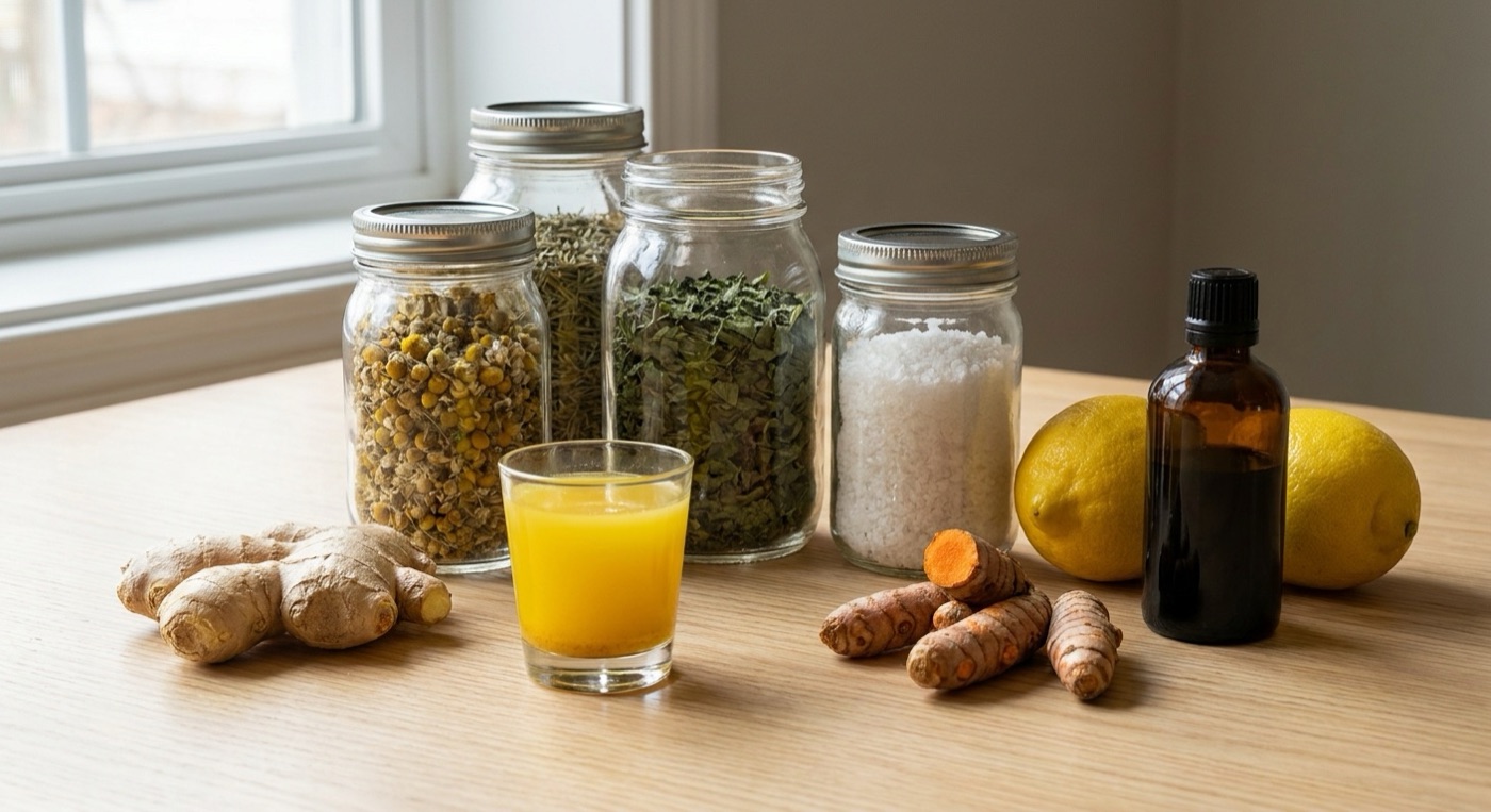 Shot matinal de limão, cúrcuma e gengibre com potes de ervas