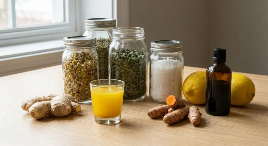Shot matinal de limão, cúrcuma e gengibre com potes de ervas