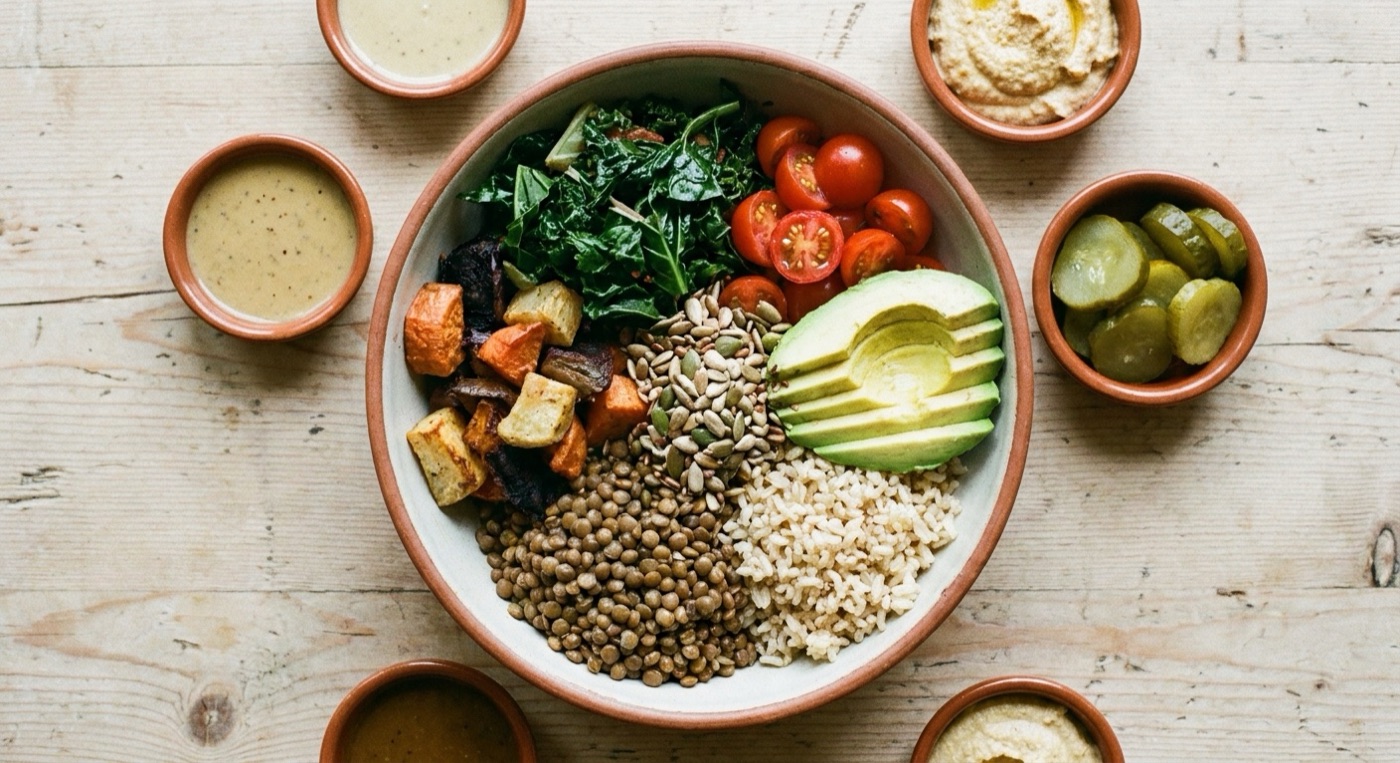 Bowl colorido com folhas, leguminosas e castanhas — cardápio da Semana 2